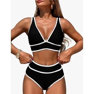 NEW High Waisted Size Large Black White Contrast Trim Bikini Set Swimsuit